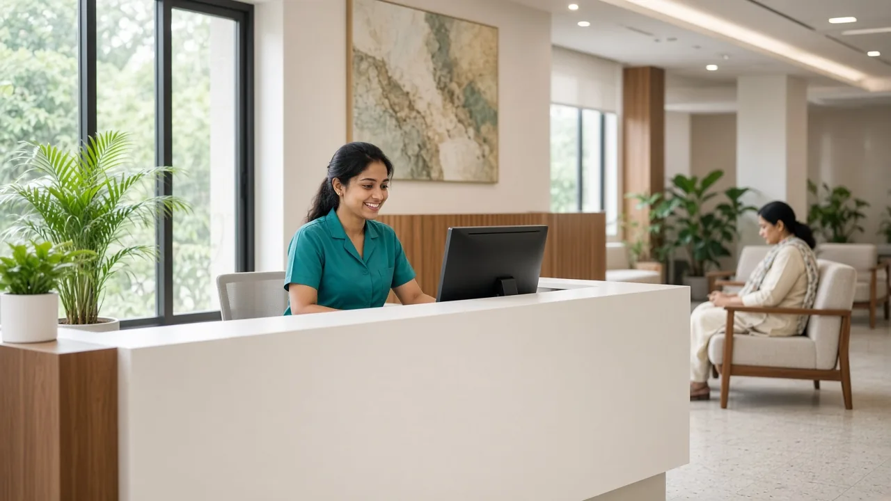 A calm, uncrowded hospital reception desk with a smiling receptionist
