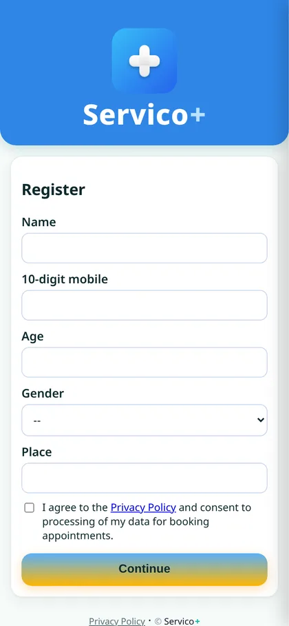 Screenshot of the Servico+ patient app registration screen